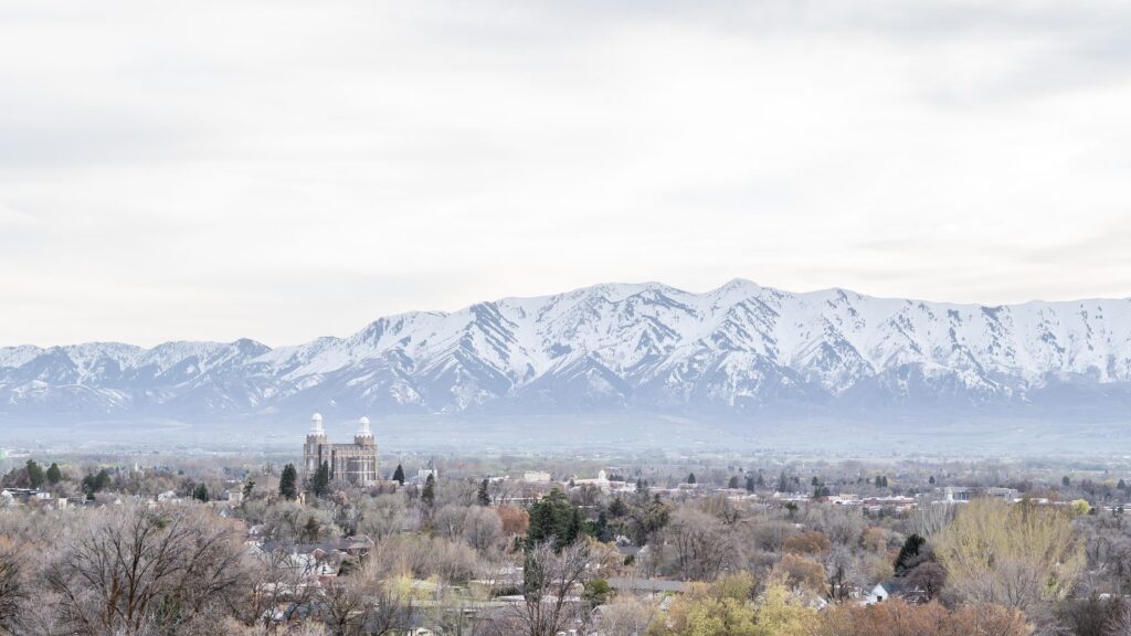 Cache Valley in winter, with snow-covered mountains beyond the town