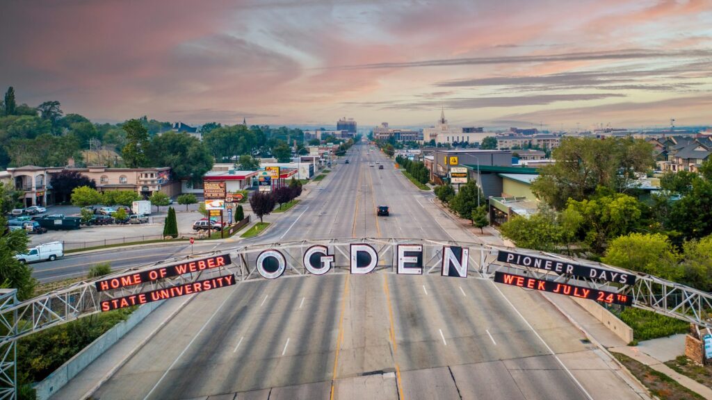 The Ogden gateway sign spanning a main street in Weber County